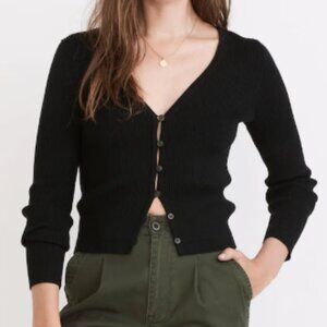 MADEWELL Carmon Ribbed V Neck Cardigan Sweater in True Black, M NWT